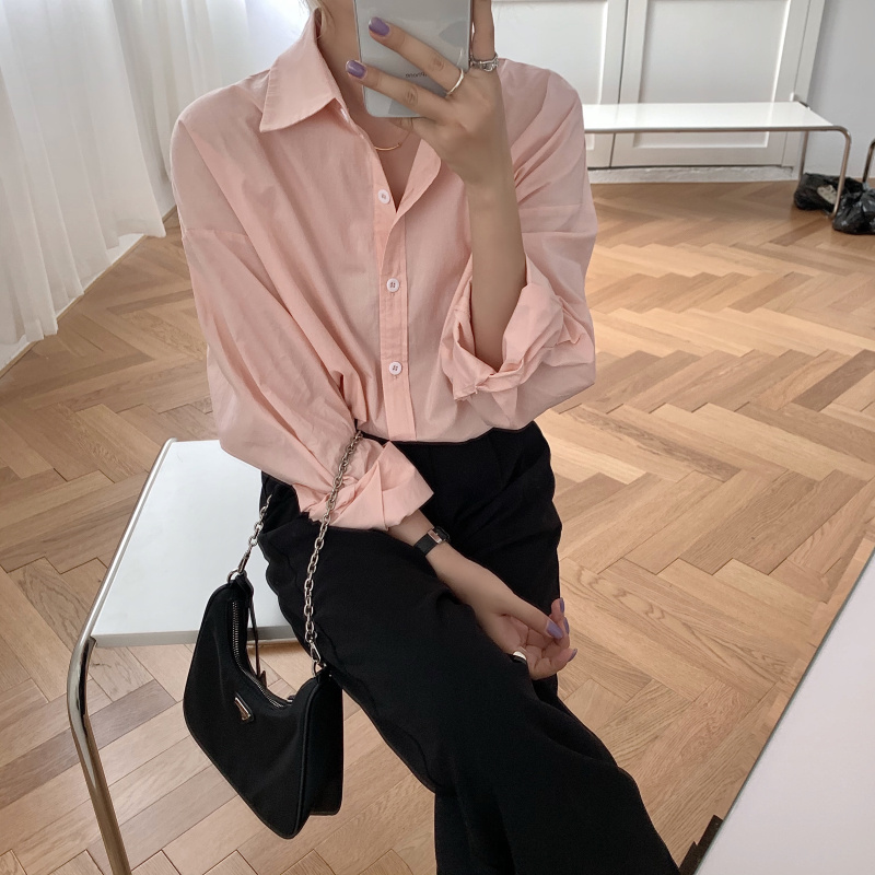 Office Lady Solid Casual Basic Shirt Women Tops Fashion Long Sleeve Lapel Loose Shirts Autumn Summer Blouses 210421