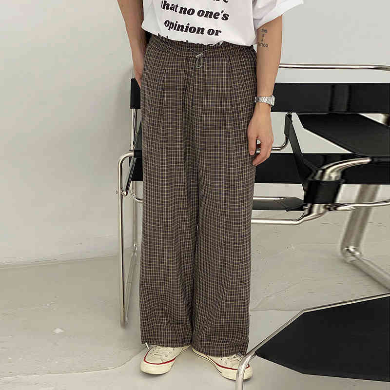 IEFB Korean Plaid High Waist Casual Pants For Men Spring Summer Vintage Wide Leg Causal Trousers Elastic Bottoms 9Y7416 210524