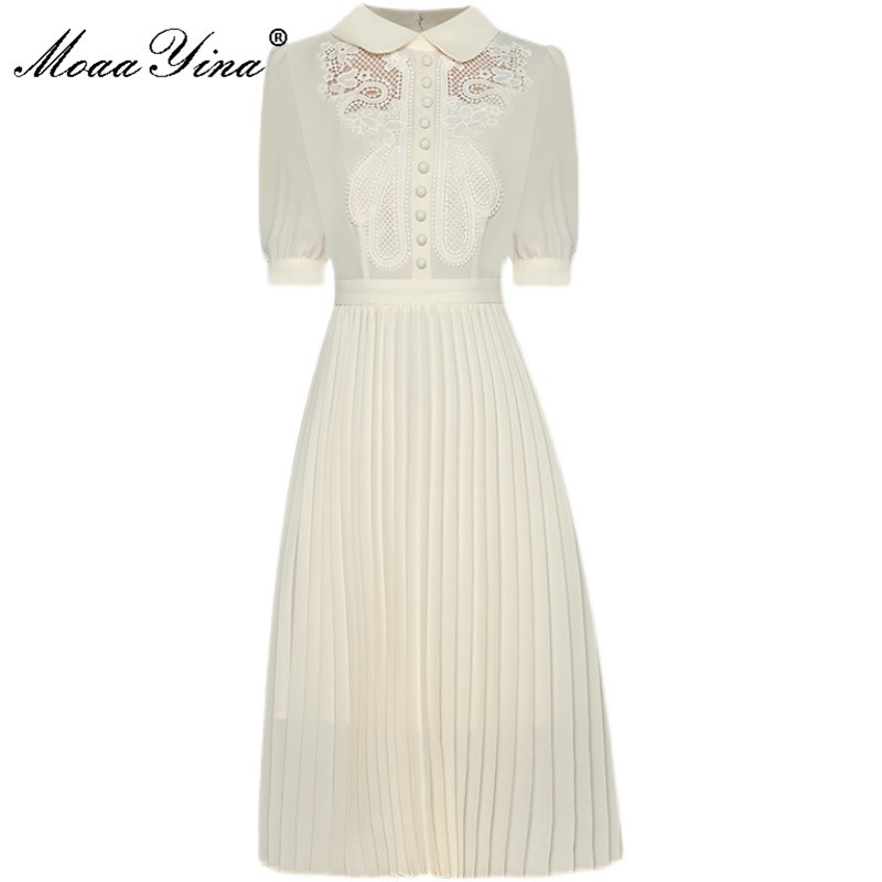 Fashion Designer Summer Solid Dresses Women' Turn-down Collar Puff sleeve Hook flower hollow High waist Knee Dress 210524, Beige
Fashion Designer Summer Solid Dresses Women' Turn-down Collar Puff sleeve Hook flower hollow High waist Knee Dress 210524, Beige