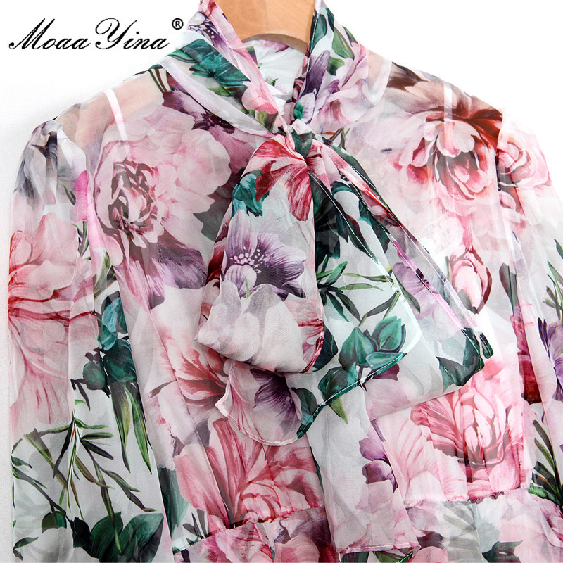 Fashion Runway Summer Floral Holiday Dress Women's Bow Tie 3/4 sleeve Printed Elegant Chiffon Vintage Party Midi 210524