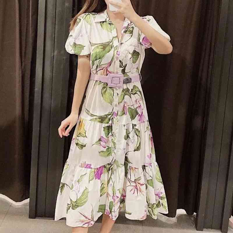Elegant Women Floral printing Sashes Shirtwaist dress Femme Lantern Sleeve Midi Dresses Casual Lady Loose Clothes D6183 210430