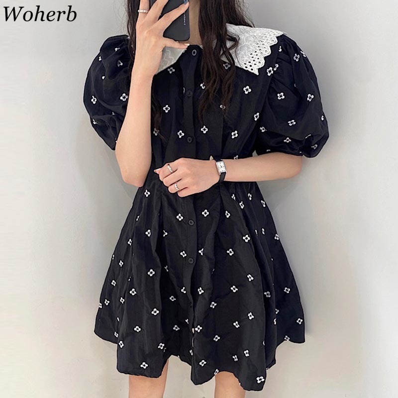 Women Vintage Dress Korean Chic Puff Sleeve Floral Embroidery Cute Dresses Ladies Elegant Party Robe Vestidos Mujer 210519