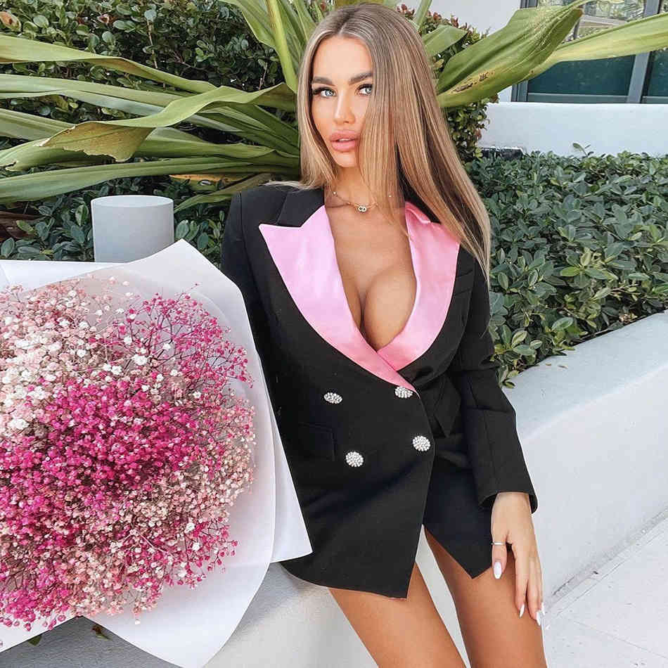 Free Women's Black Blazer Slim Lapel Color Block Long Sleeve Diamond Double-breasted Bodycon Fashion Office 210524