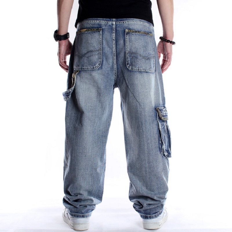 Hip Hop Jeans Men Side Pockets Denim Overalls Pants Harem 's Big Size 44 Baggy Loose Fit Male 210518