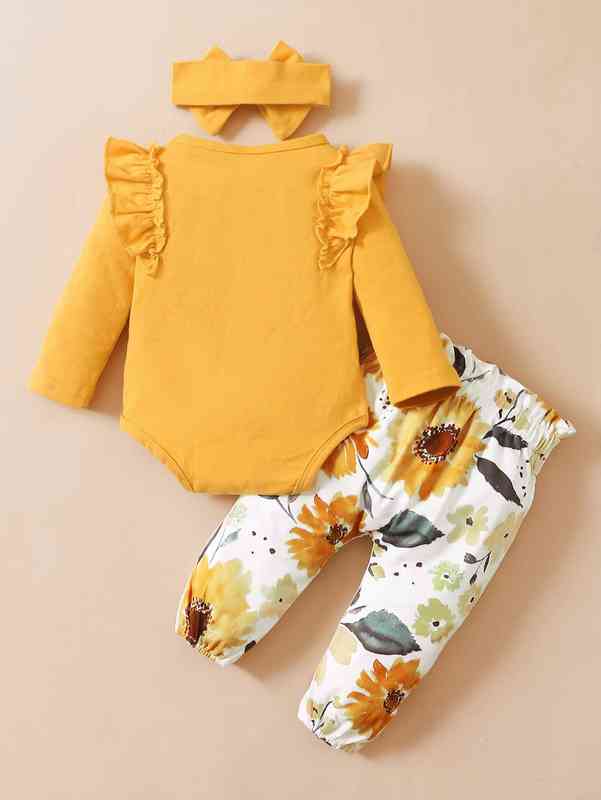 Baby Ruffle Trim Bodysuit & Floral Print Paper Bag Waist Belted Pants With Headband SHE