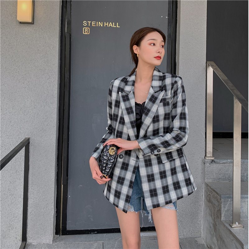 High Street Loose Geometric Elegance Korea OL Plus Plaid Women Gentle Chic Slender Lady Feminine All Match Blazers 210421