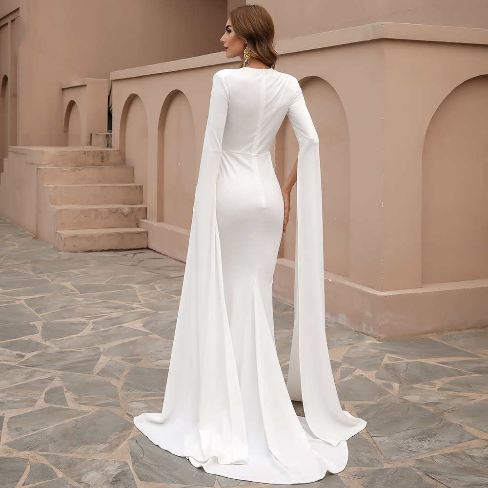 Sexy White Mermaid Evening Dresses Long Sleeves 2021 Simple Satin Hollow Out Elegant Autumn Winter Pageant Dress Prom Party Gowns