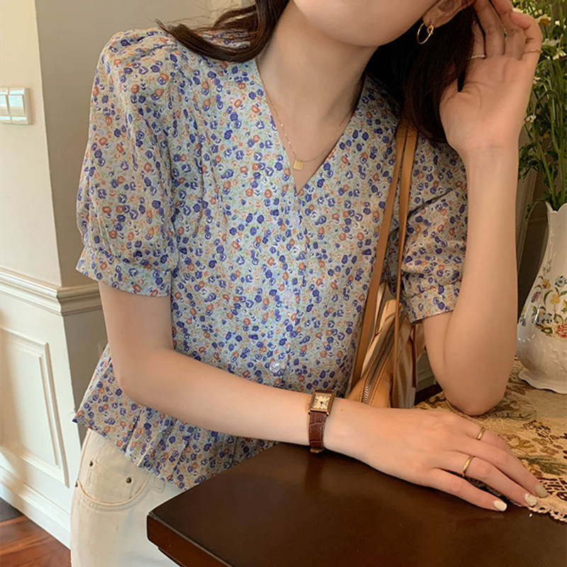 2colors Korean Style V neck Floral Short Sleeve Shirt Summer Vintage Cotton Blouse (X1910) 210423