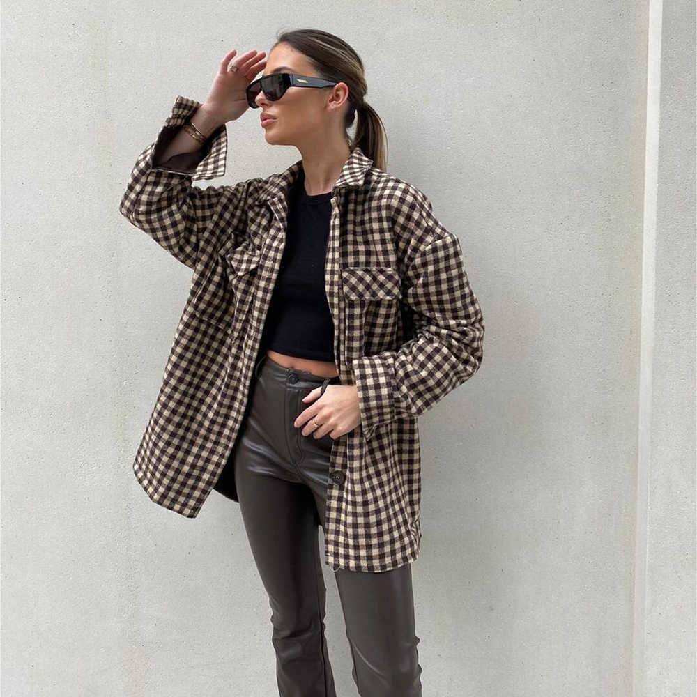 Women Jacket Checked Overshirt Chic Lady Fashion Casual Vintage Woman Oversized Coat Outfits Tops 210709