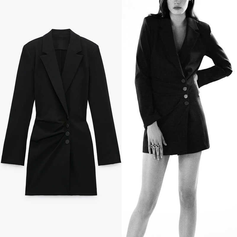 Za Vintage Black Blazer Dress Women Long Sleeve Shoulder Pads Office Lady Dresses Female Chic Front Button Wrap Vestido 210602