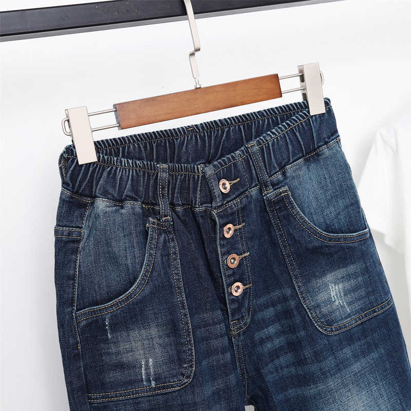 1711 Women Summer Fashion Empire Elastic Waist Vintage Ankle Length Harem Baggy Buttom Pants 100kg Female Casual Denim Jeans 210922