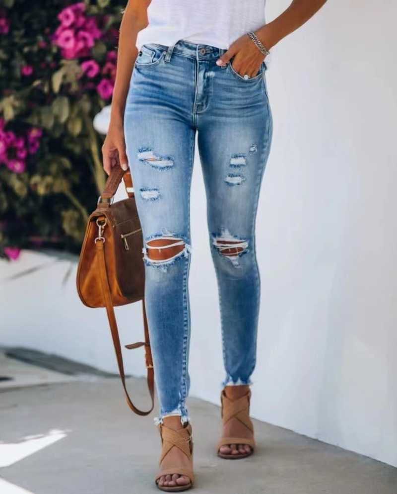 Summer Casual Ripped Ladies Jeans Slim Fit Large Mid-waist Comfortable Stretch Women's Fashion Denim Pants WS26 210809