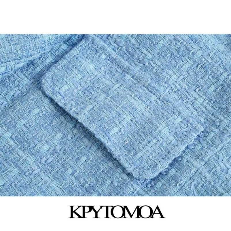 KPYTOMOA Women Fashion Single Breasted Tweed Cropped Blazer Coat Vintage Long Sleeve Pockets Female Outerwear Chic Veste 211116