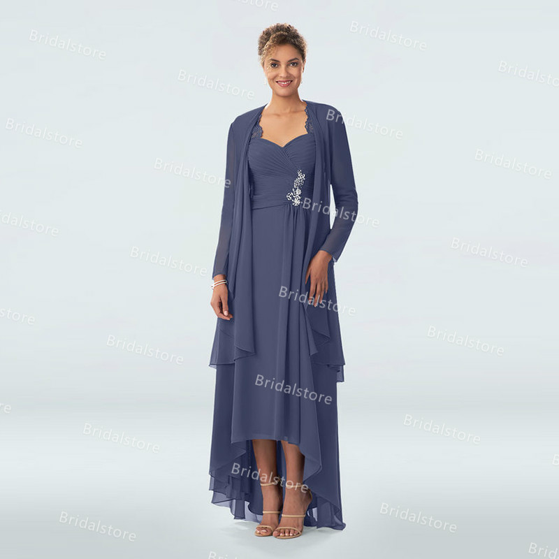 Chic Gray Two Piece Mother Of The Bride Dresses Plus Size Ankle Length Chiffon Wedding Guest Dress 2021 With Beaded Elegant Formal Prom Evening Gowns 