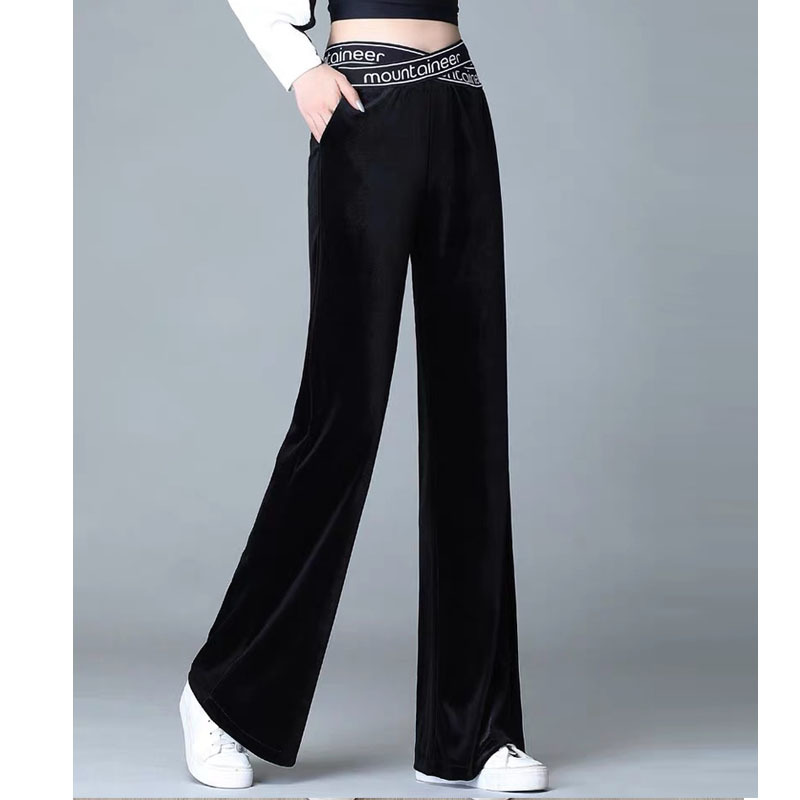 Elastic High Waist Wide Leg Pants Women Plus Size Velvet Elegant Office Lady Highstreet springTrousers Spodnie Damskie 210421