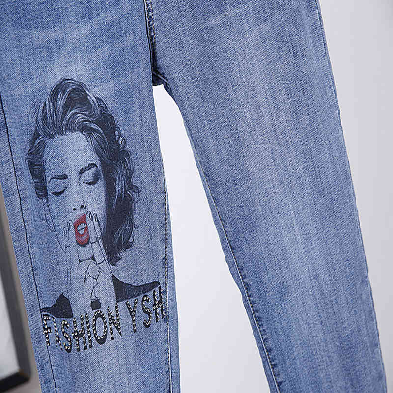 Streetwear Drilling Jeans Women's Spring Summer High Waist Printed Denim Pencil Pants Female Tide 5C835 210427
