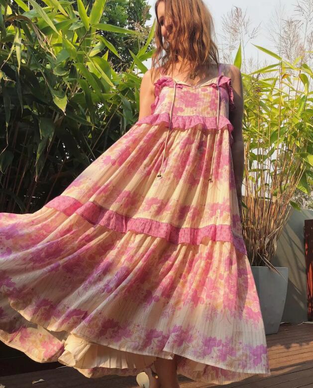 Summer Ruffles Leaves Striped Print Spaghetti Strap Dress Holiday Woman Lace up V neck Loose Sling Maxi Long Dresses Beach 210429