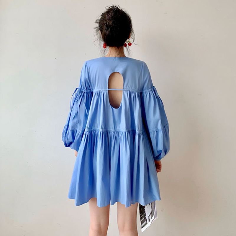 Elegant Backless Dress For Women V Neck Lantern Loose Sleeve High Waist Dresses Female Fashion Summer 210520