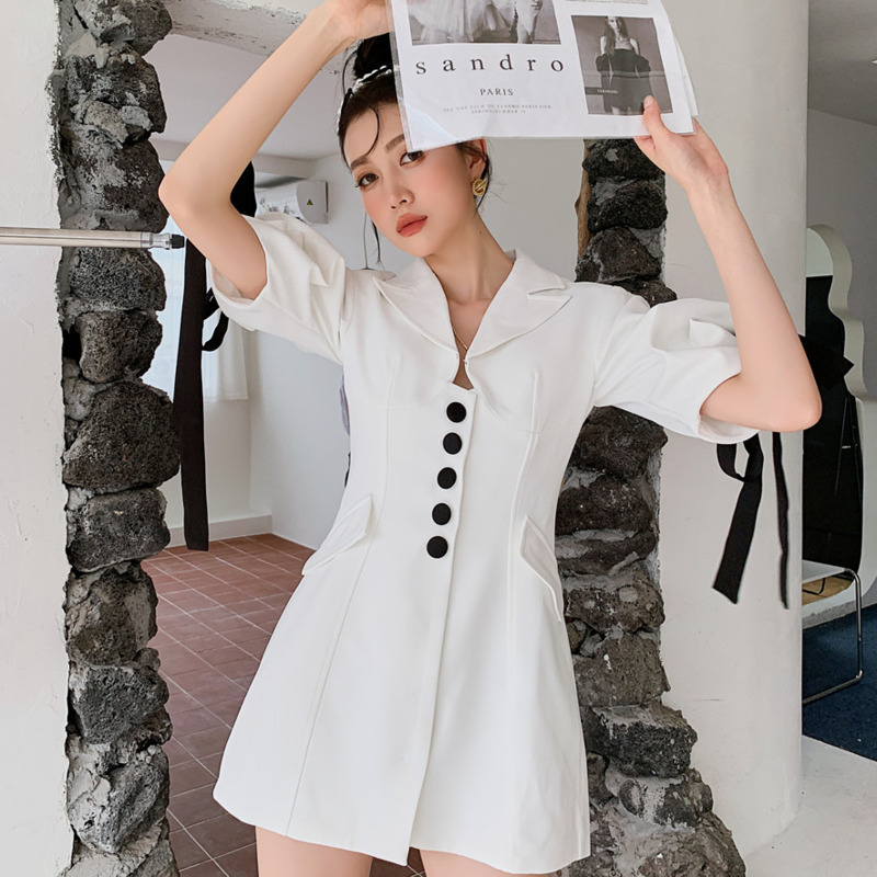 Women Dress Lapel Collar Bubble Sleeve Single Breasted Bow Ribbon Temperament Fashion Summer 2H802 210526