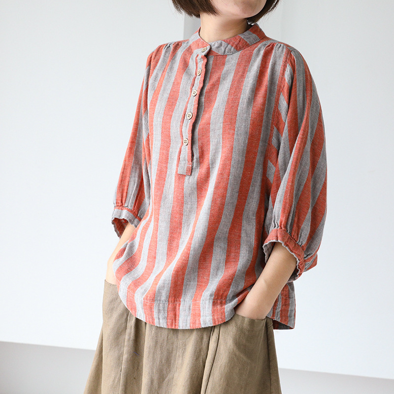 Johnature Women Tops Summer Regular Short Sleeve Casual Button Striped Stand Collar Shirts Casual Loose Women Blouses 210521, Orange
Johnature Women Tops Summer Regular Short Sleeve Casual Button Striped Stand Collar Shirts Casual Loose Women Blouses 210521, Orange