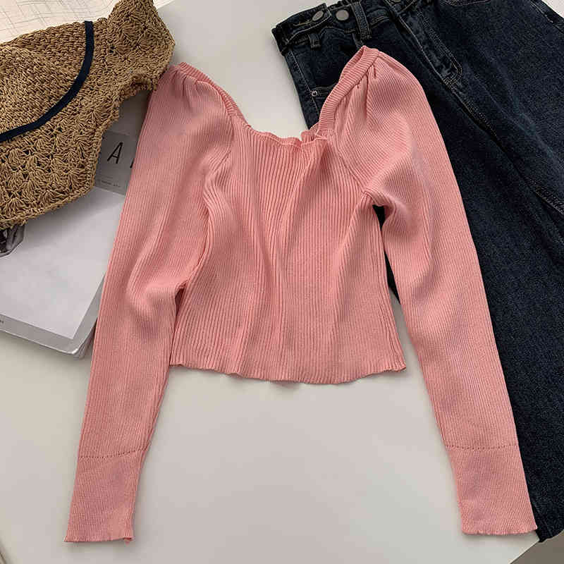 Vintage Puff Sleeve Cropped Knitted Sweater Women Korean Chic Solid All Match Stretch Slim Knitwear Spring Jumper 210519