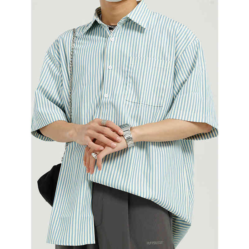 IEFB Men's Clothing Summer Simple Stripe Shirt Men's Fashion Personality Loose Casual Oversized Blue Shirts 9Y7458 210524