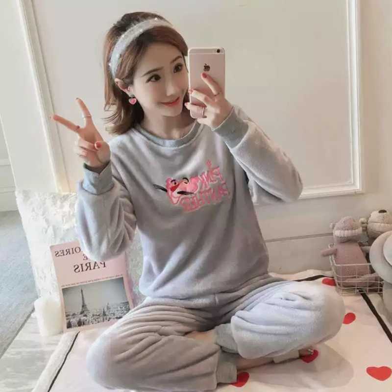 Autumn Winter Warm Women's Pajamas Sets Thick Flannel Coral Velvet Long Sleeve Cartoon Sleepwear Pijamas Trouser Suits Girl 210924