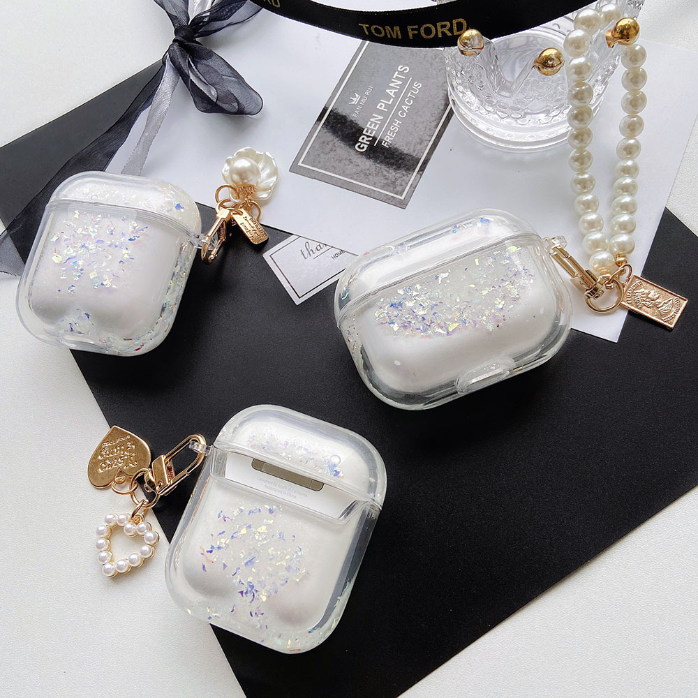 Quicksand Case For AirPods Pro Clear Earphone Case with Pearl KeyChain Cute Liquid Protective Cover for AirPod 2 3 King Ring Air P