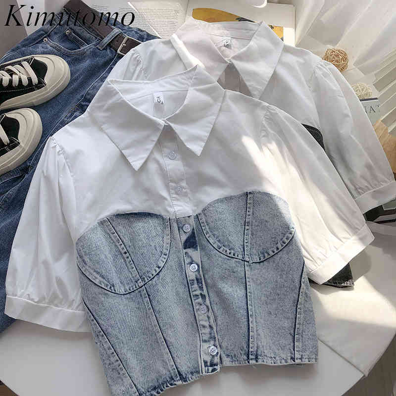 Kimutomo Cowboy Stitching Blouse Women Single-breasted Puff Sleeves Short Fake Two-piece Shirt Women Summer Korean Fashion Top 210521, Blue
Kimutomo Cowboy Stitching Blouse Women Single-breasted Puff Sleeves Short Fake Two-piece Shirt Women Summer Korean Fashion Top 210521, Blue