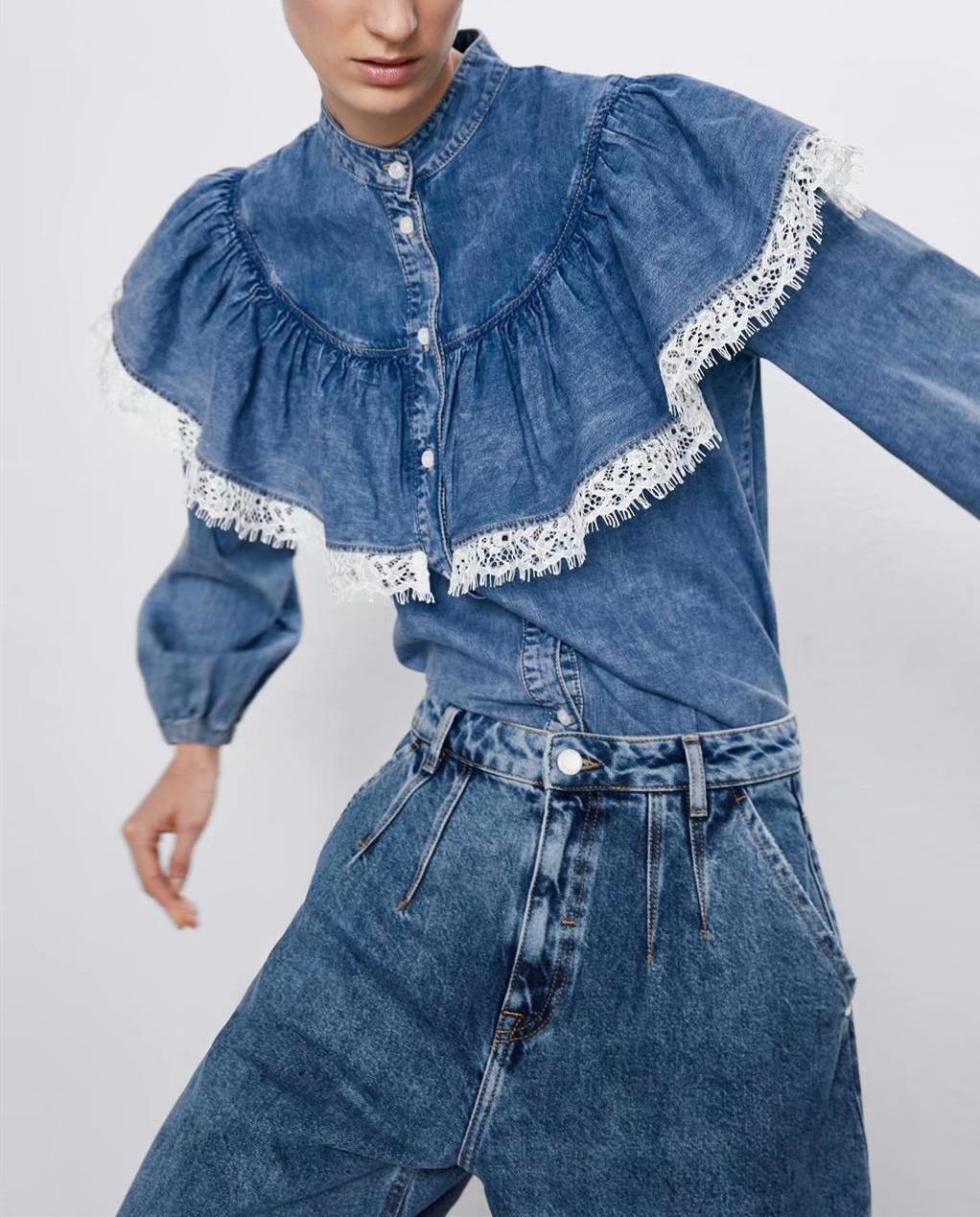 spring women blouses lace stitching cotton pleated ruffles denim shirt office lady wear long sleeve jeans chic button chemise, White
spring women blouses lace stitching cotton pleated ruffles denim shirt office lady wear long sleeve jeans chic button chemise, White