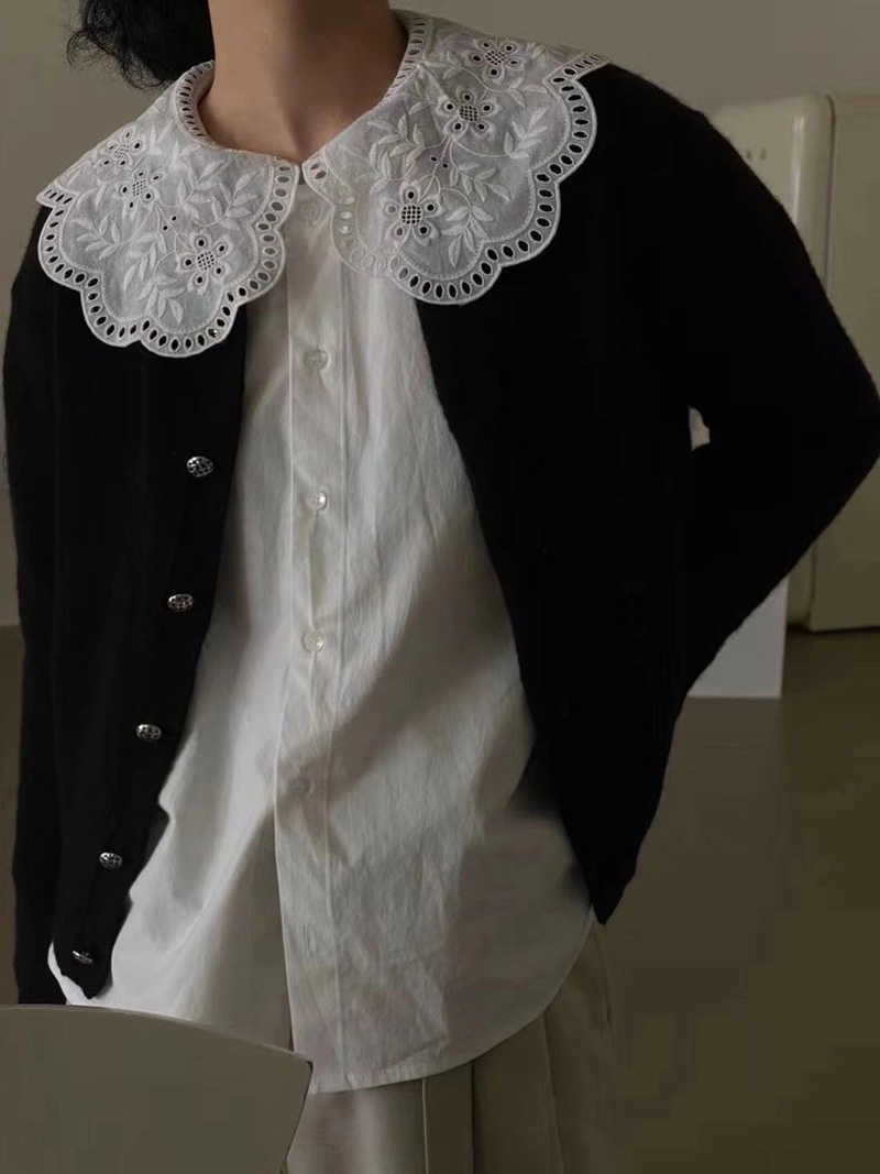 Spring Sweet Peter Pan Collar Lace Embroidered White Shirt Full Fashion Womens Tops 210615