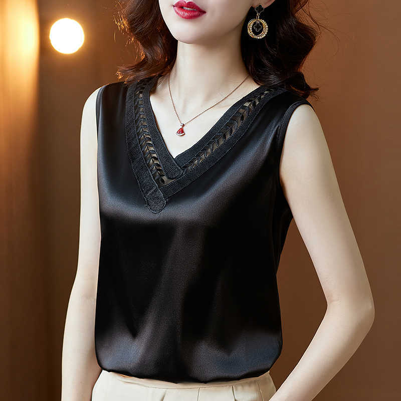 Summer Silk Tank Top Women Korean Fashion Satin Office Lady Lace Solid Plus Size XXXL/5XL Black Clothing for 210531