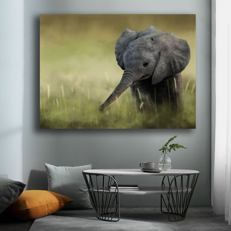 Wall Art Decoration Elephant Cubs Animal Painting Green Landscape Picture Printed on Canvas for Living Room Poster Cudros Decor