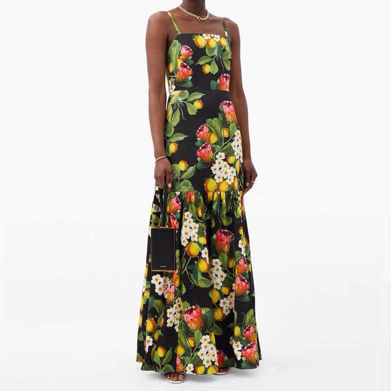 Elegant Boho A-line Camisole Sexy Dresses Women Runway Maxi Dress Vintage Summer Party Flower Printed robe femme été 210421