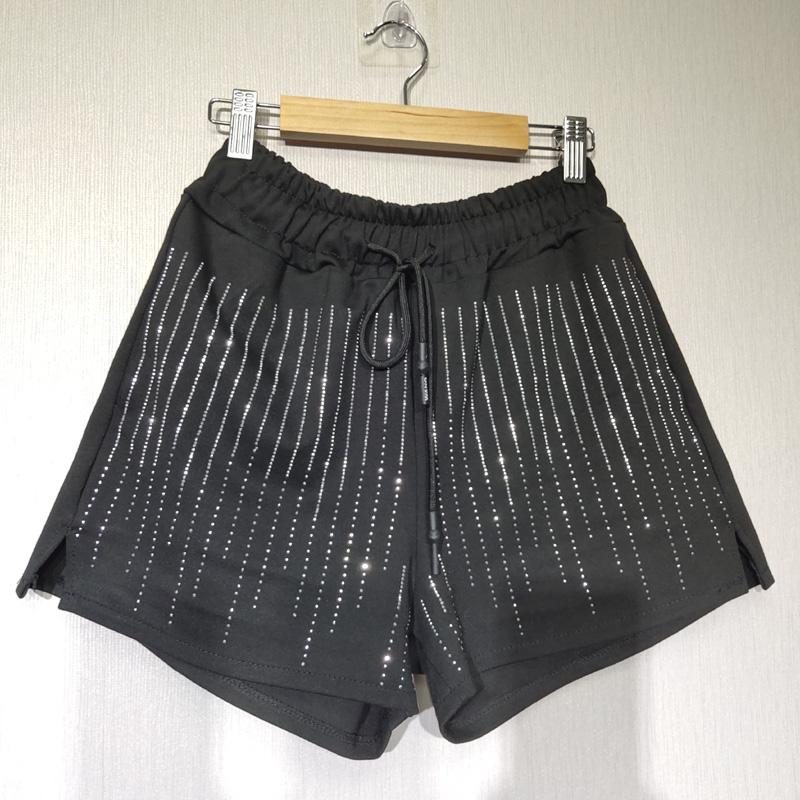 Plus Size Shorts Woman Style Spring Autumn Large Vertical Stripe Drilling Diamond Slit Elastic Waist Short Women's