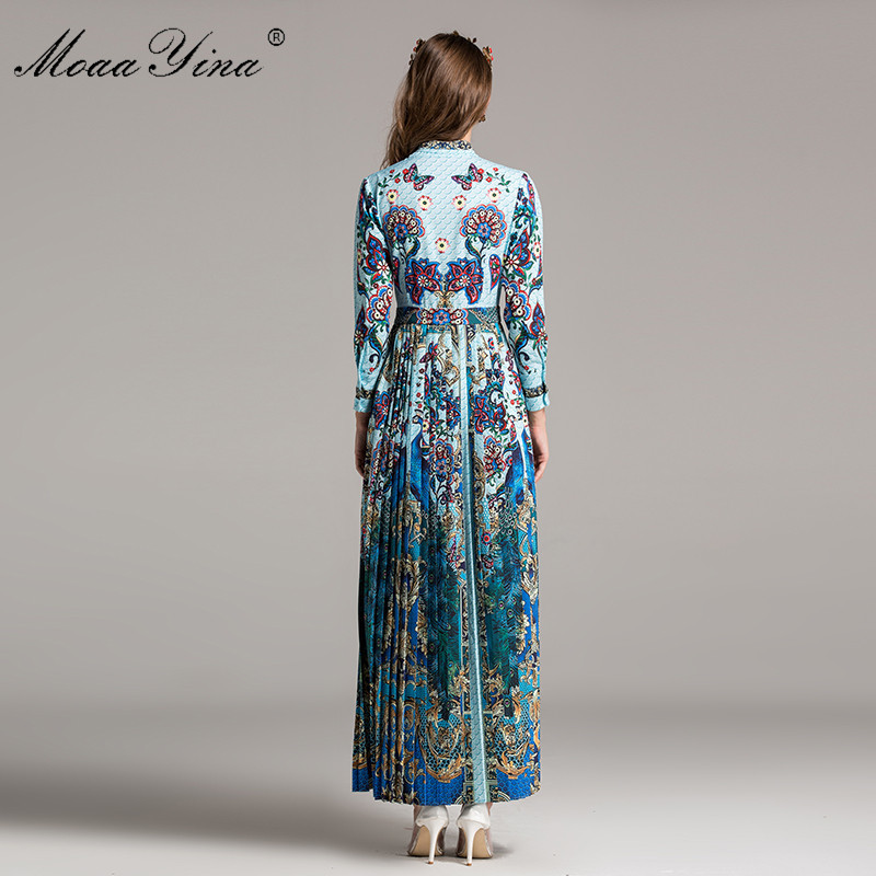 Fashion ner Runway Classical Maxi Dress Spring Women Long sleeve Ribbon Print Peacock Pleated Exotic 210524