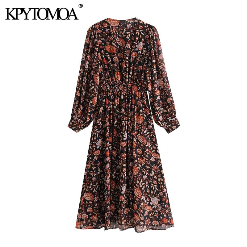 Women Chic Fashion Floral Print Pleated Midi Dress Puff Sleeve With Lining Female Dresses Vestidos Mujer 210420