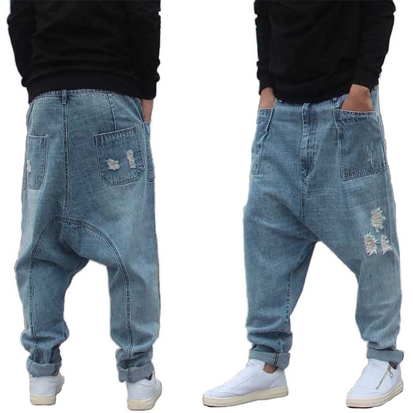 Distressed Streetwear Ripped Harem Jeans Men Casual Loose Baggy Trousers Hip Dropcrotch Denim Pants Male Clothes Big Size 211111
