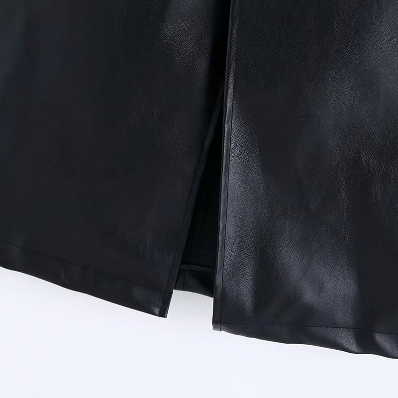 Women Black Bow Tie Pu Leather Skirt Elastic High Waist Elegant Ladies Front Split Buttons Midi Office s Faux 210515