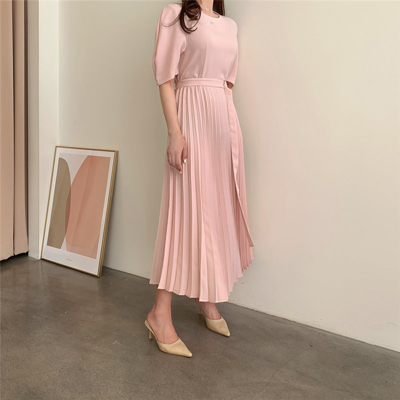 Women Elegance Brief Pleated Sweet OL Solid Slim Streetwear Short Sleeves Gentle Long Dresses Vestidos 210421