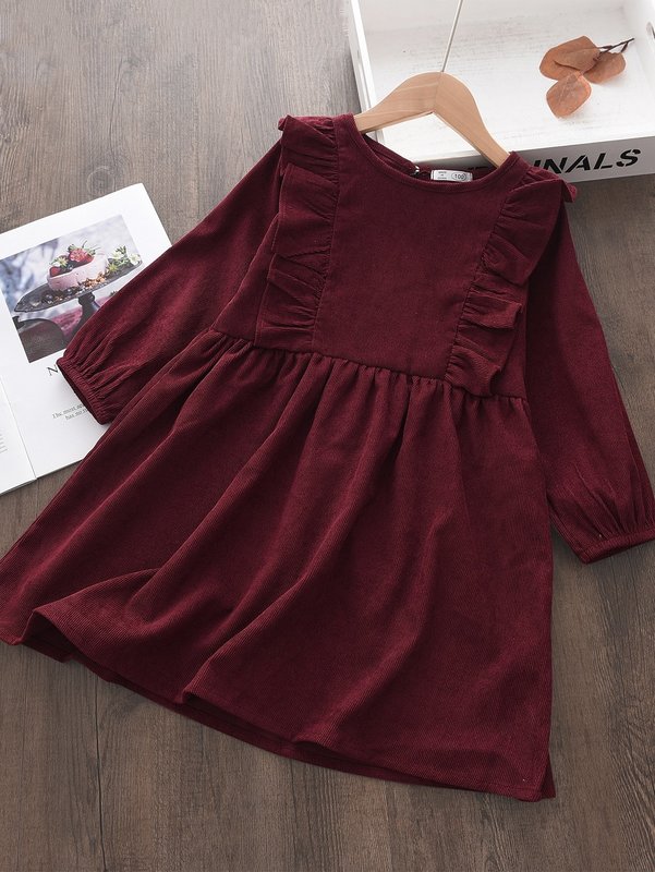 Toddler Girls Ruffle Trim Corduroy Smock Dress SHE
