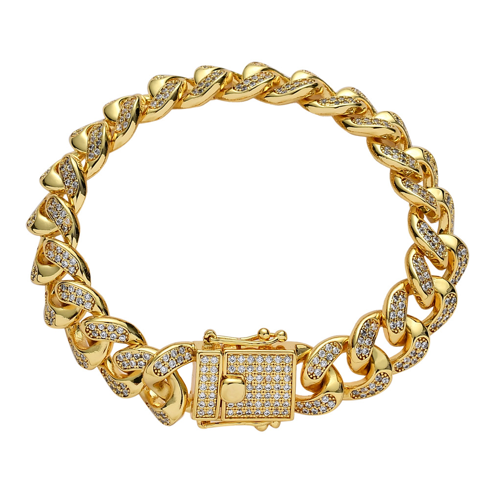 New Fashion Iced Out CZ Miami Cuban Link Chain Bracelet 18K Real Gold Hip hop Jewelry for Men Pulseira Cubic Zirconia Curb Wristband Bijoux punk Rock 