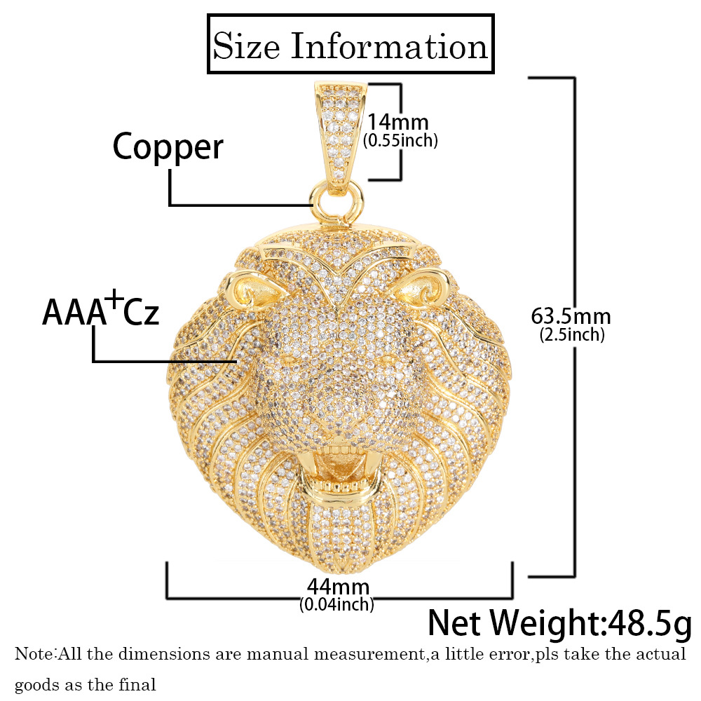 Hip-hop full diamond lion head pendant copper inlaid zircon personality men's necklace jewelry