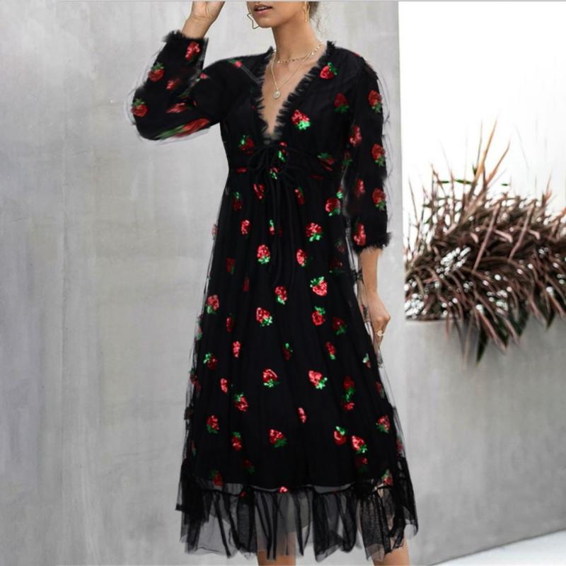 Fashion Women Casual Sexy Strawberry Sweet Dresses Mesh Yarn V-neck Pleated 2021 Sell Ladies Autumn Dresses#D3