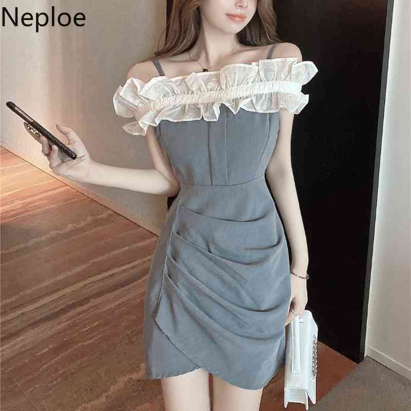 Neploe Bodycon Dress Women Sexy Lady Summer Fashion Robe Slash Neck Sleeve Ruffles Vestidos Pleated Irregular Mini Dresses 210422
