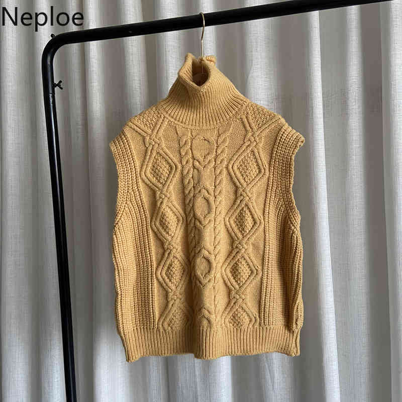 Neploe Korean Turtleneck Sweater Vest Women Sleeveless Thicked Knitted Ribbed Waistcoat Fall Clothes Pullovers Tank Tops 210422