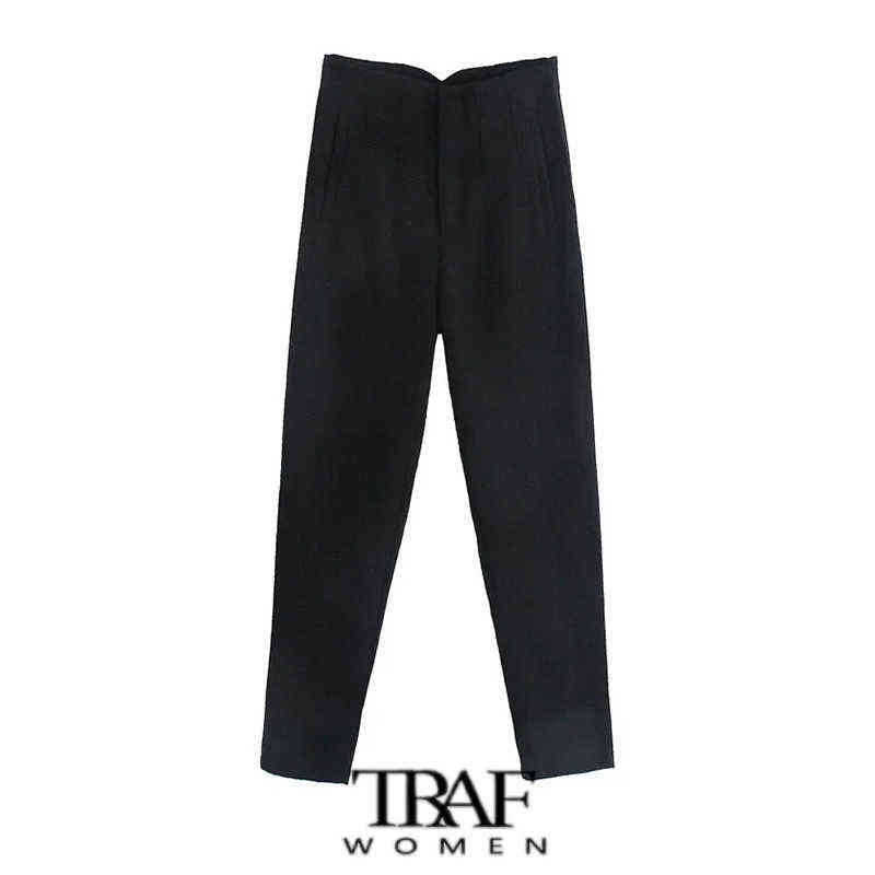 TRAF Za Women Chic Fashion With Seam Detail Office Wear Pants Vintage High Waist Zipper Fly Female Ankle Trousers Mujer 211115