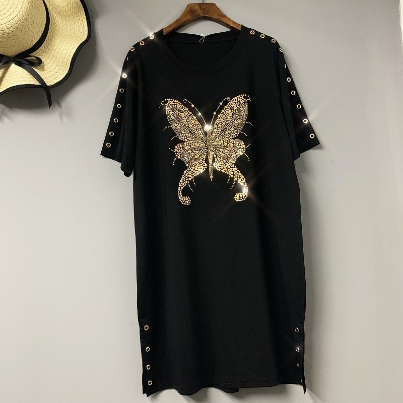 Women Summer Dress Animal Rabbit Print Dress Rhinestone Pattern Women Short Sleeve Black Dress Butterfly Hat Spring QF664 210331