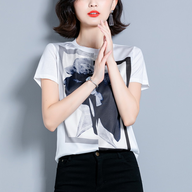 Summer Fashion O-Neck Silk Women Blouses Short Sleeve Print Shirt Tops and Plus Size Loose Clothes 10158 210427