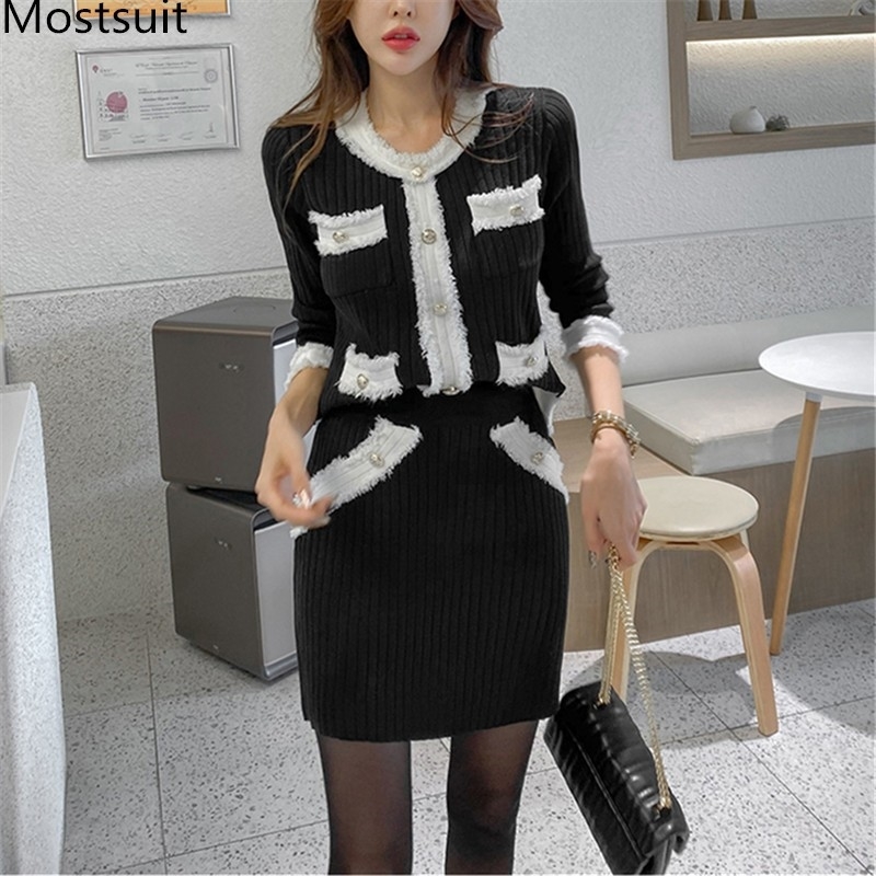 Korean Vintage Knitted Two Piece Skirt Sets Women Single-breasted Tops + High Waist Mini Suits Elegant Fashion Ladies 210514